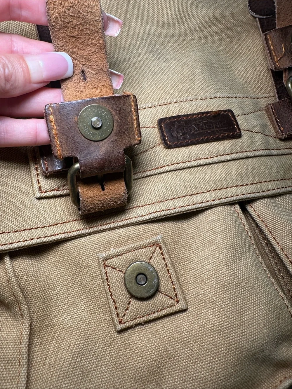 Canvas & Leather Messenger Bag Khaki Brown Crossbody Tab Brown Pockets Zip